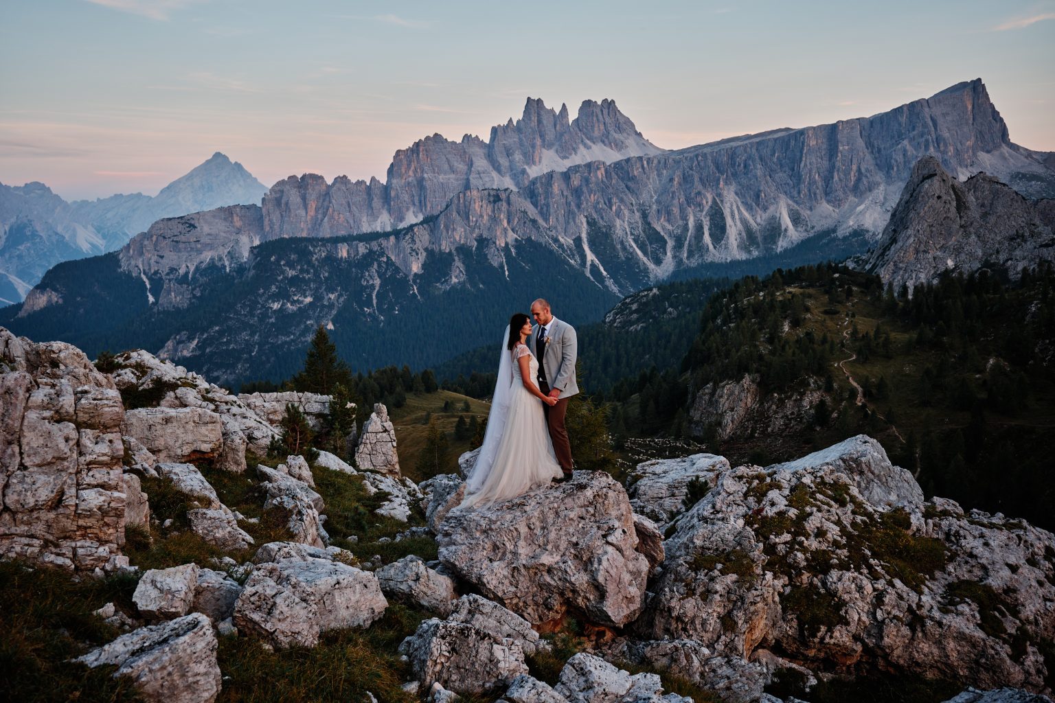 Lottie and Jack at the Passo Giau at sunset, Dolomites elopement