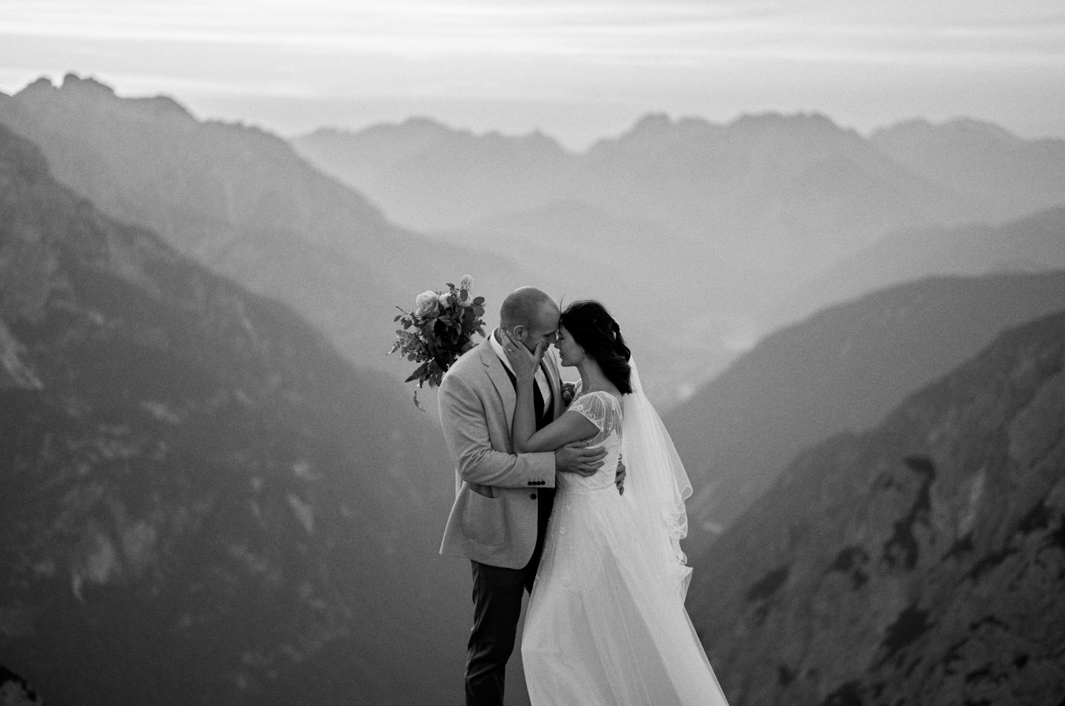 Lottie and Jack at sunrise, black and white, Tre Cime di Lavaredo