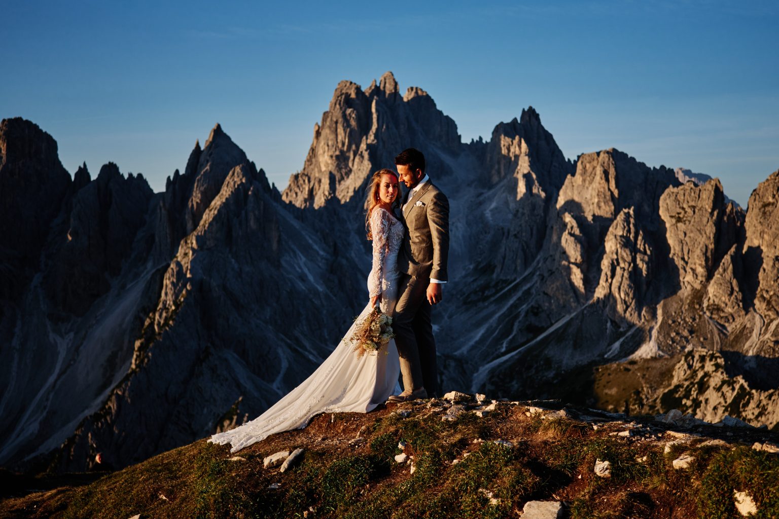 Charlotte and Collin below the Cadini spires, Tre Cime di Lavaredo wedding