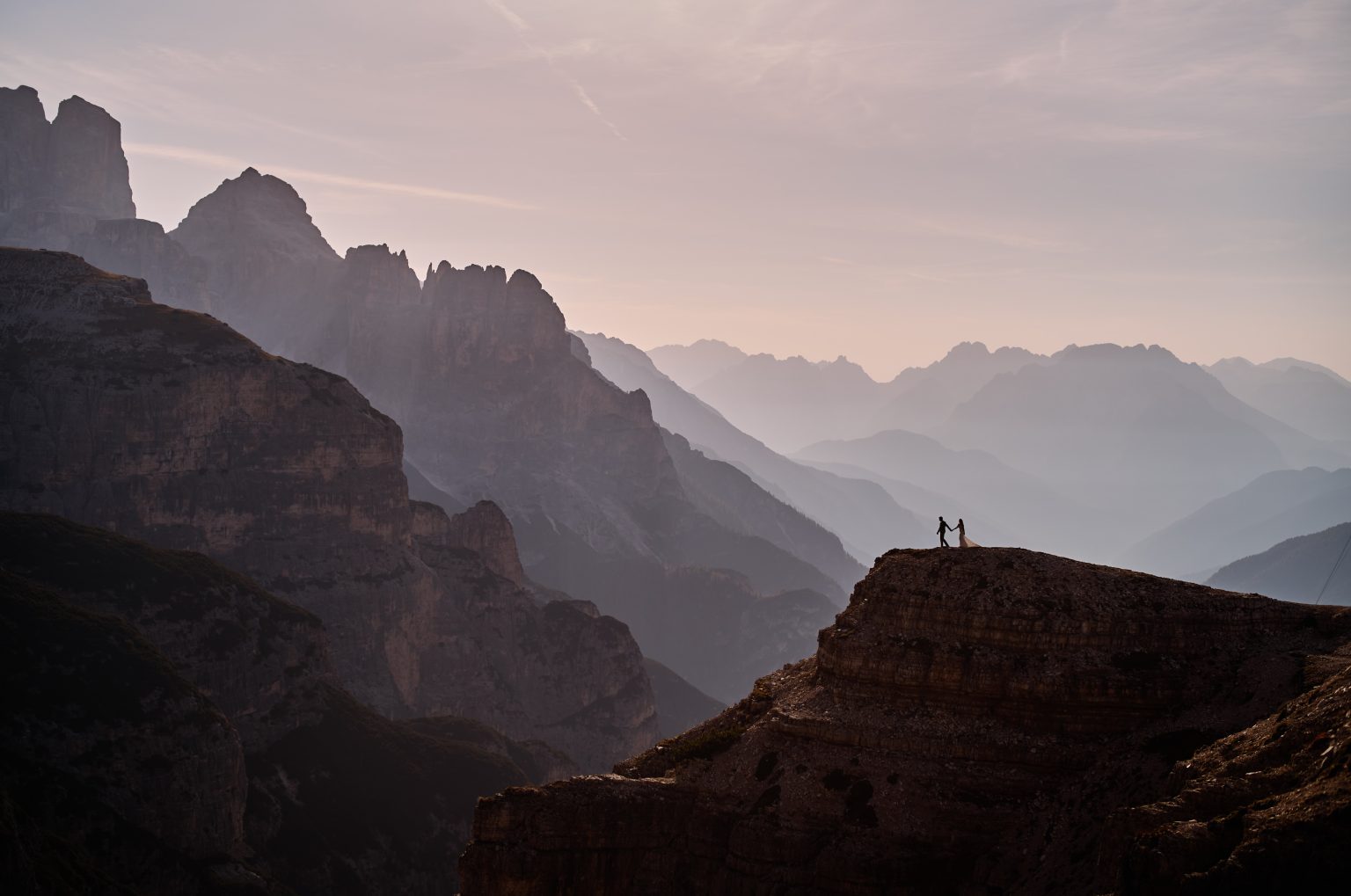 Layered Dolomite ridges in the morning haze, Tre Cime di Lavaredo