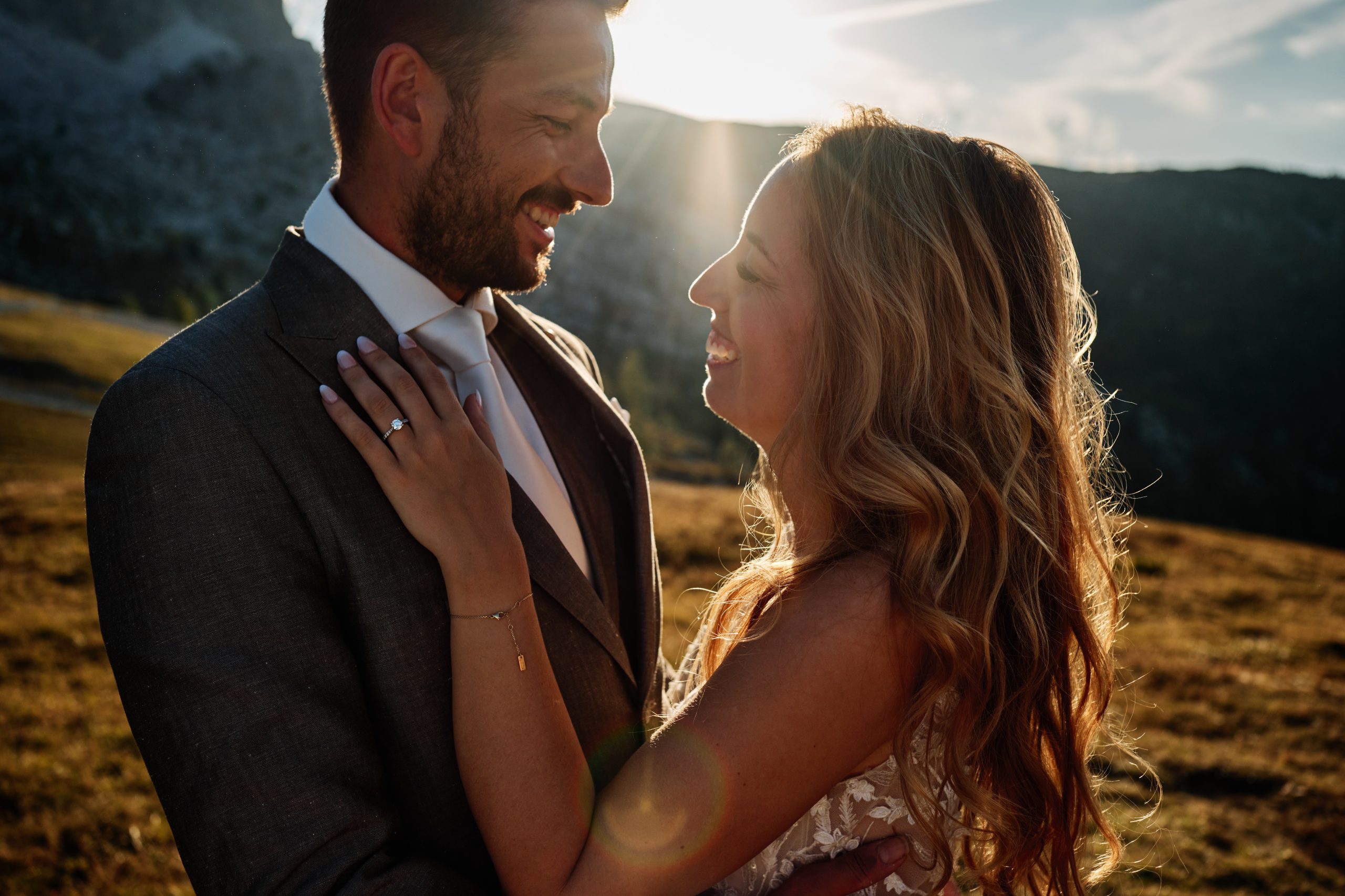 Couple close together at golden hour, Dolomites wedding photographer