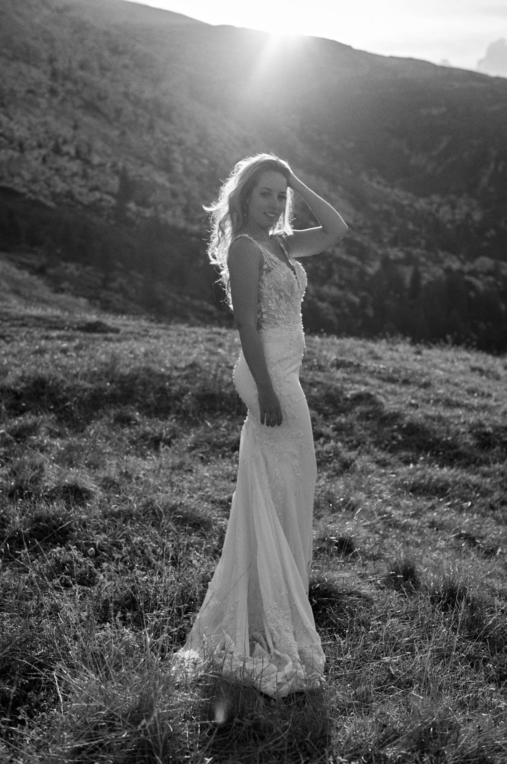 Charlotte in the last light, black and white, Dolomites