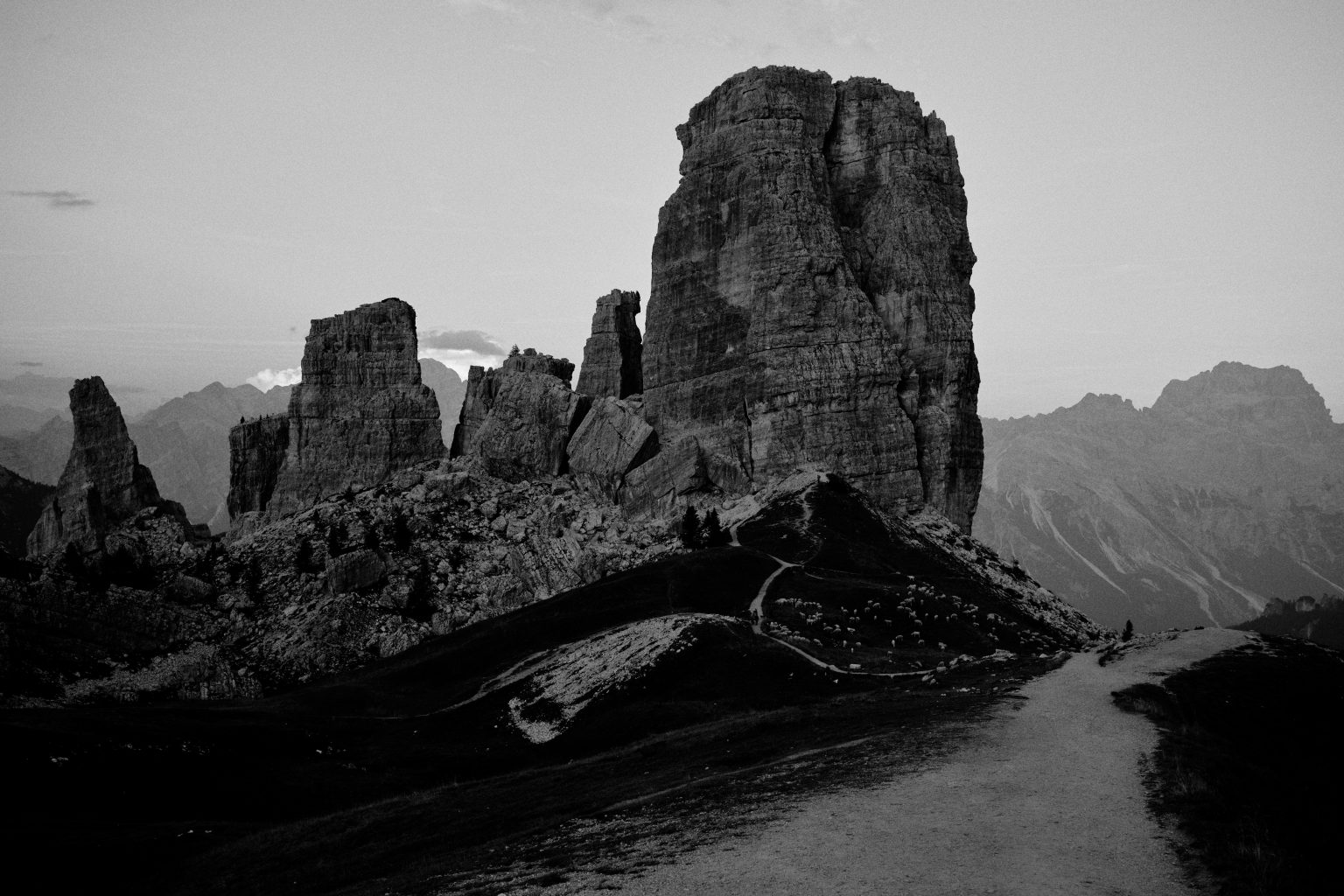 The towers of the Cinque Torri at dusk, black and white, Dolomites