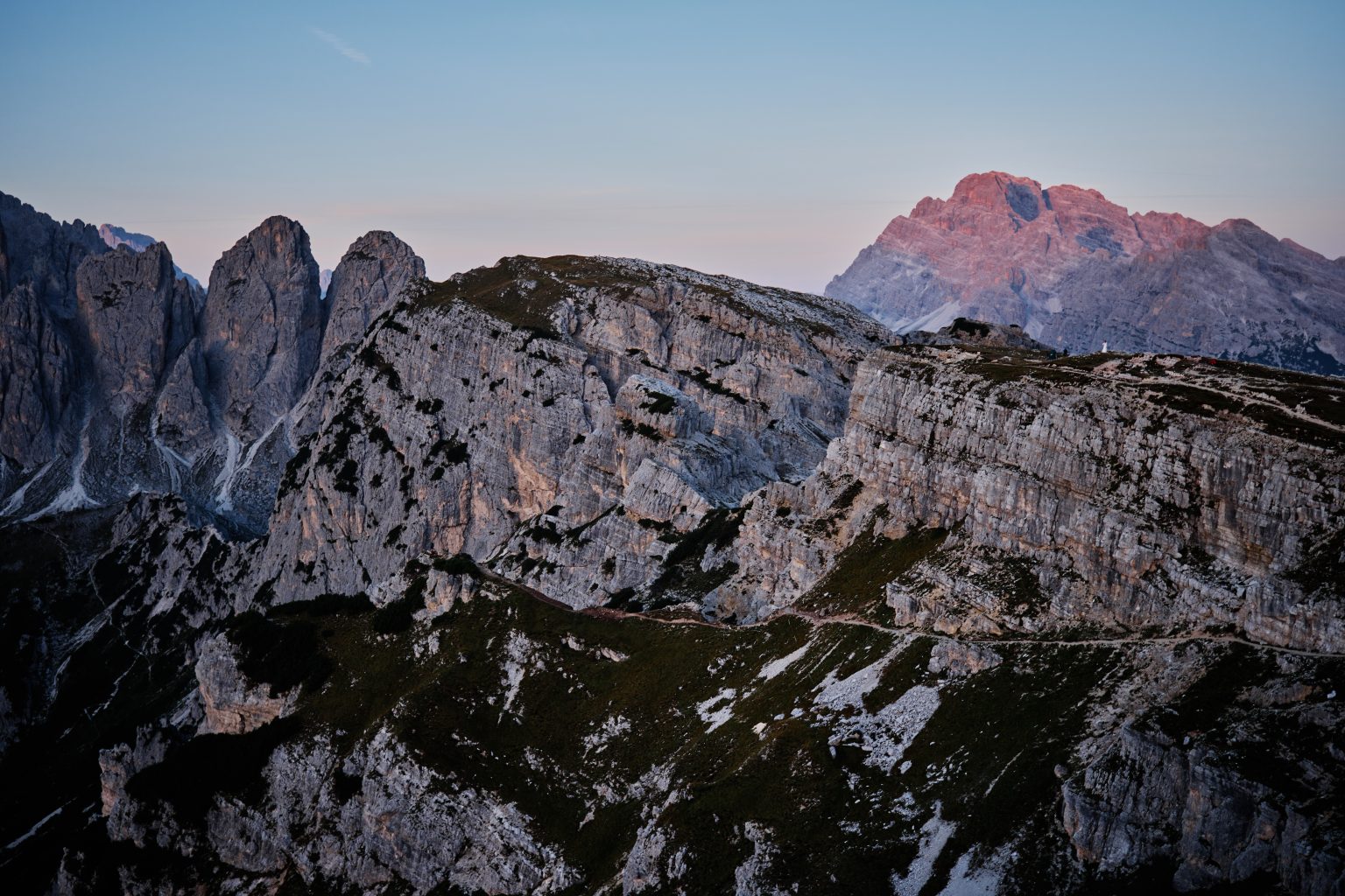 Alpenglow on the peaks at dawn, Tre Cime di Lavaredo