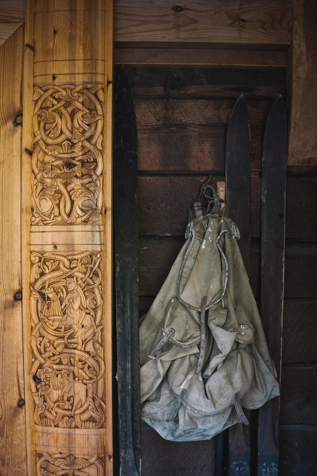 The wedding dress on an old carved Norwegian door, Juvet