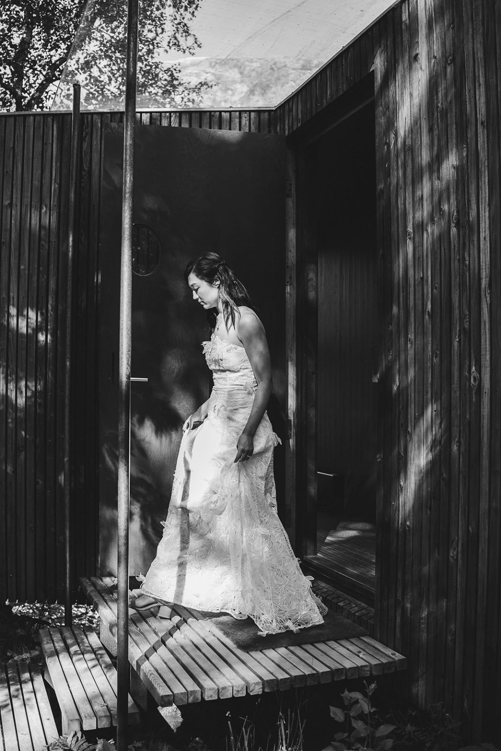 The bride in the morning light at Juvet Landscape Hotel
