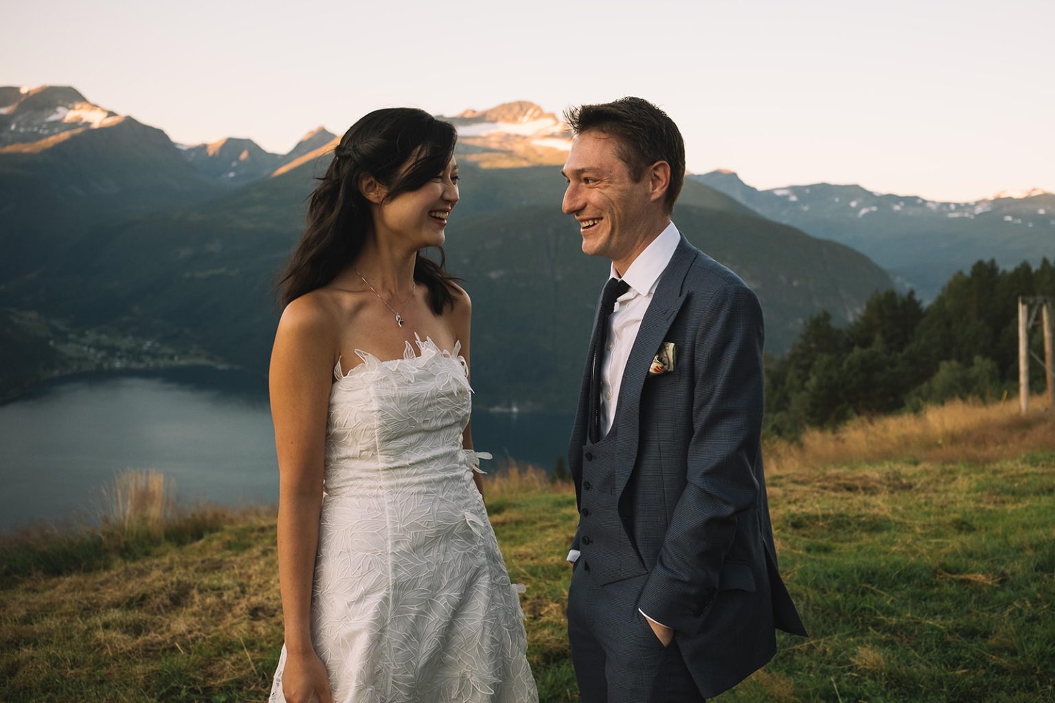 The couple face to face in the sunrise, a Juvet wedding photographer