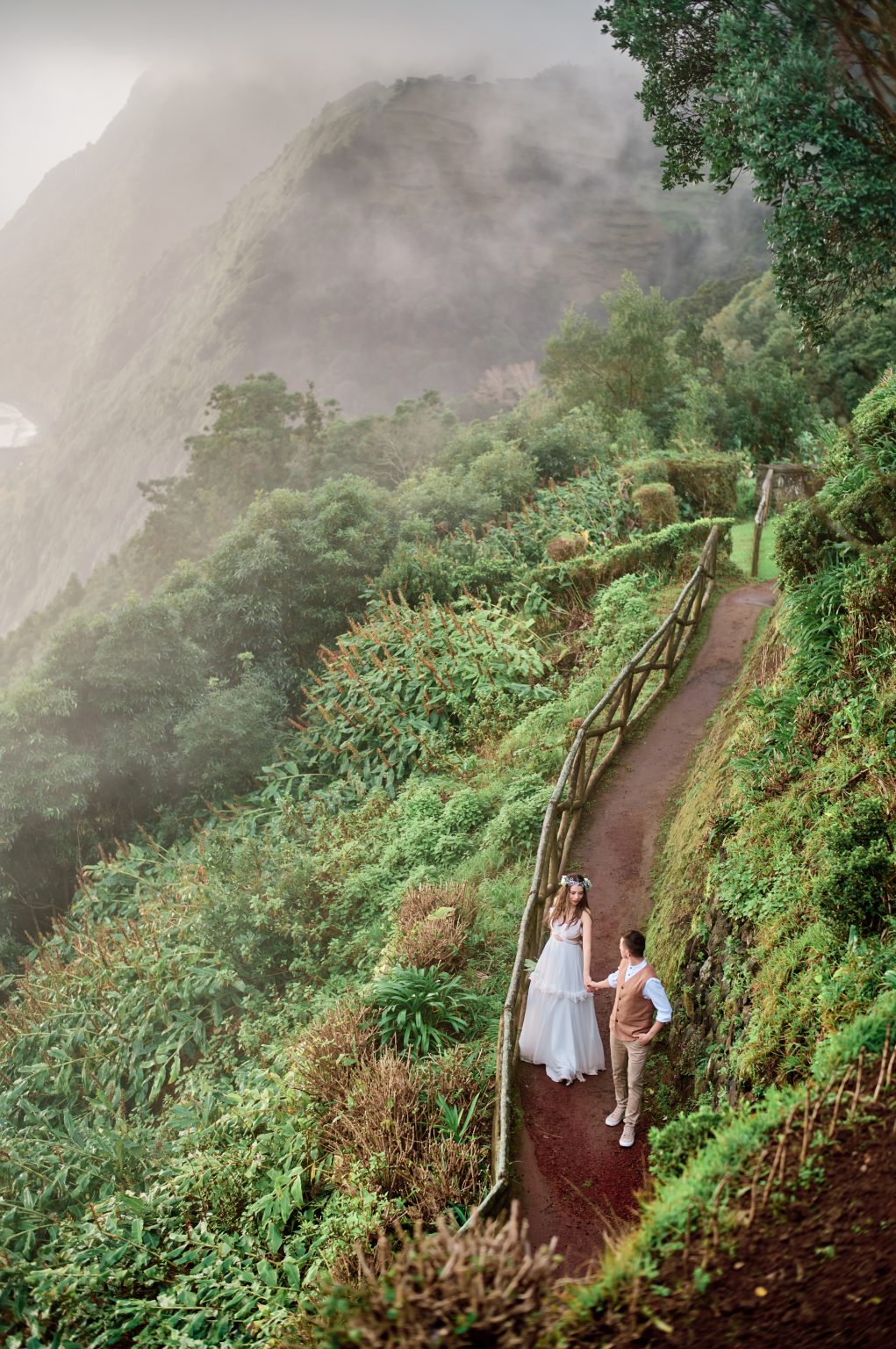Silvia and Florin on a cliff-garden path in the Azores