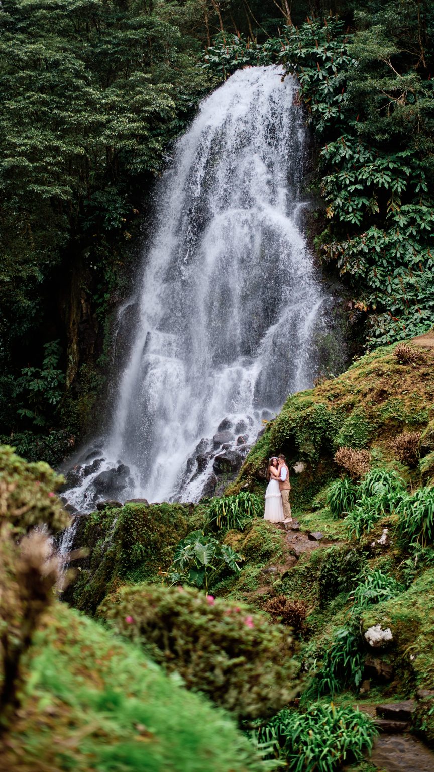 Silvia and Florin below the Ribeira dos Caldeirões waterfall