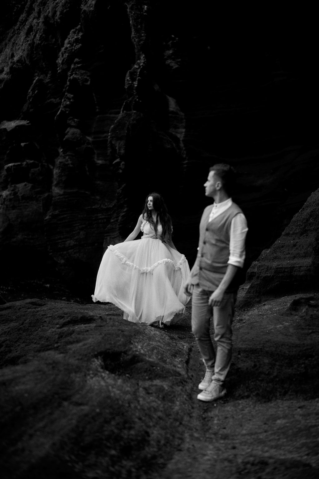 Silvia and Florin on black volcanic rocks, Azores