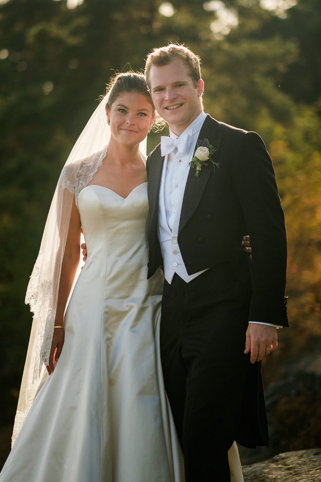 Bride and groom close together at sunset