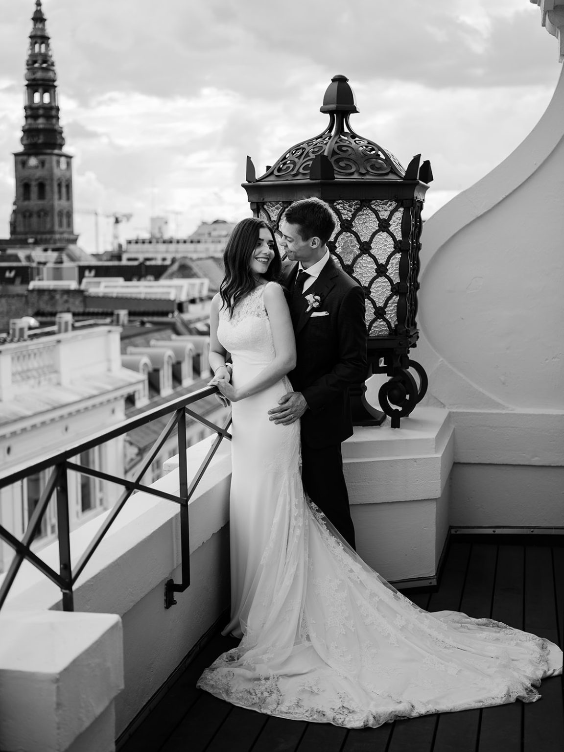 Rooftop bridal portrait over Copenhagen
