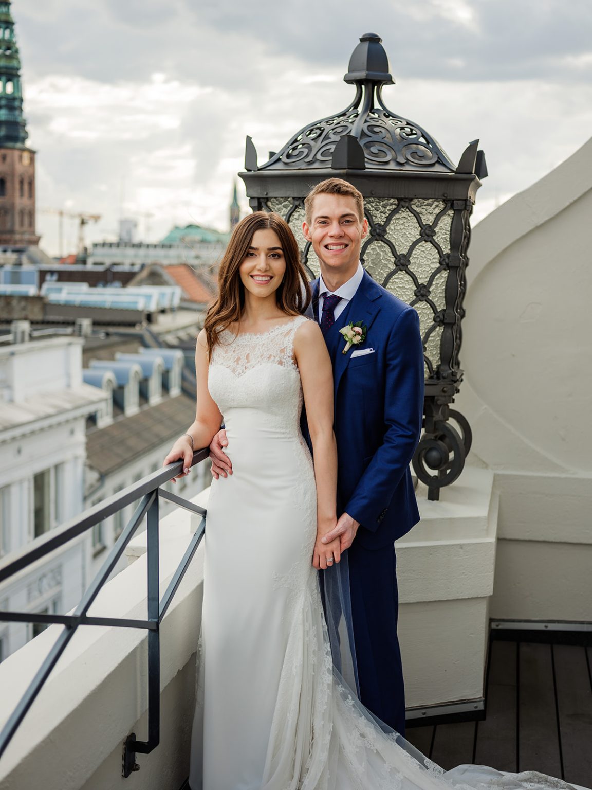 Bride and groom on a rooftop in Copenhagen