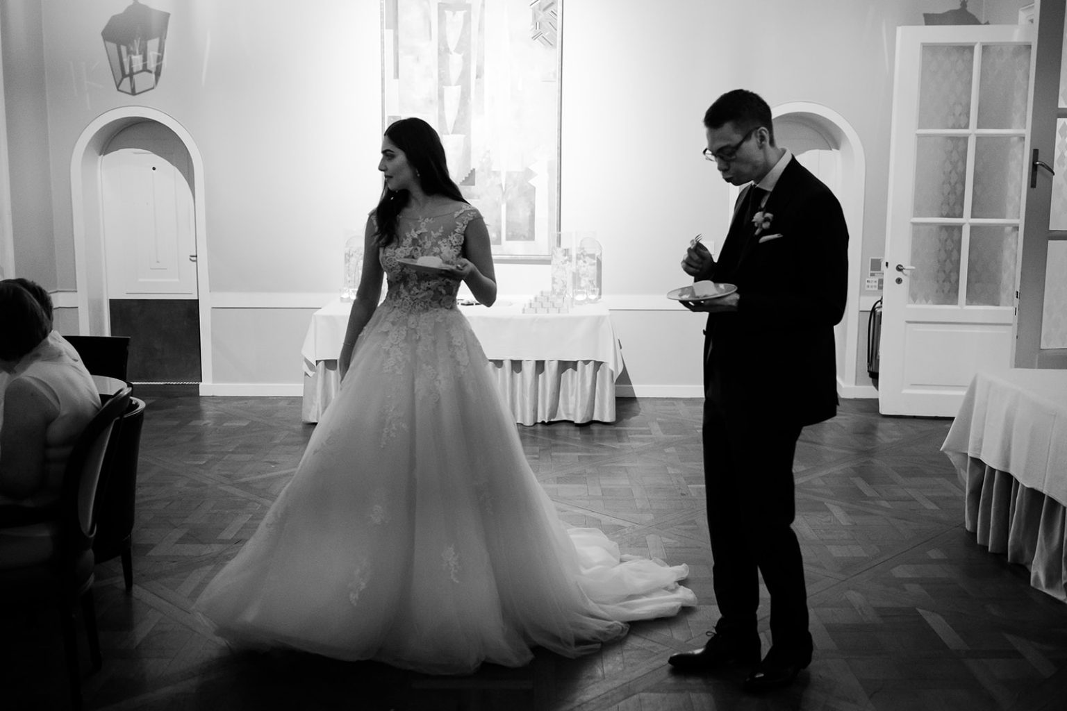 Bride and groom slow dancing at the reception