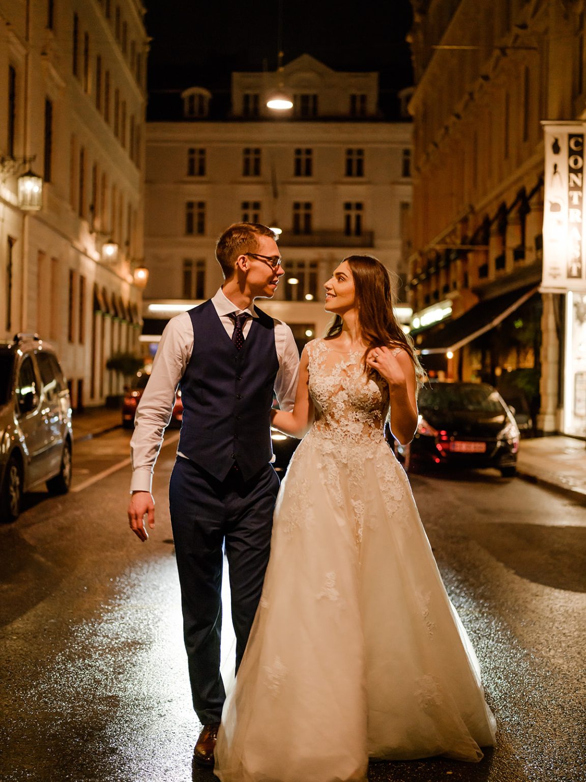 Night wedding portrait in Copenhagen