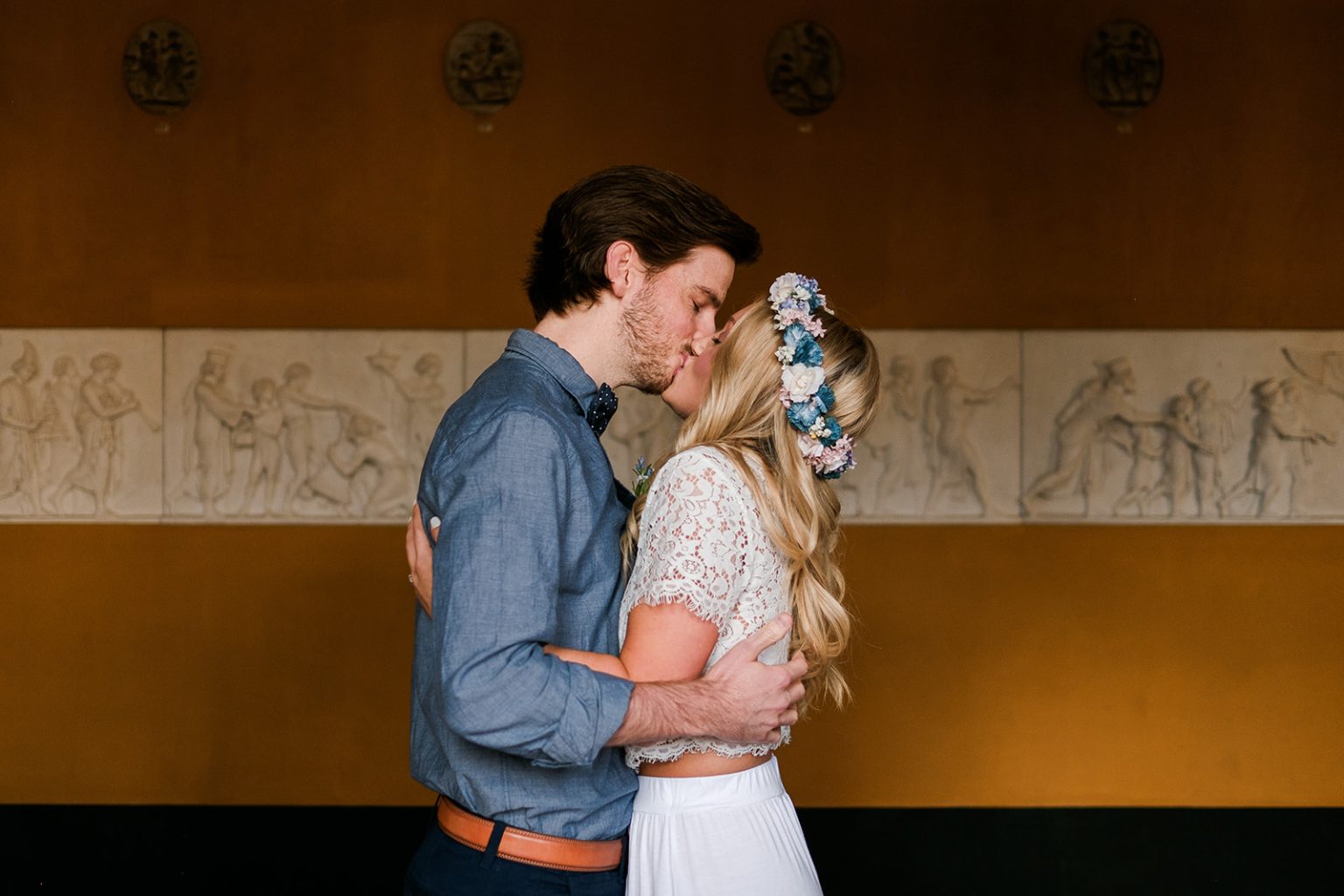 The couple embracing after the ceremony