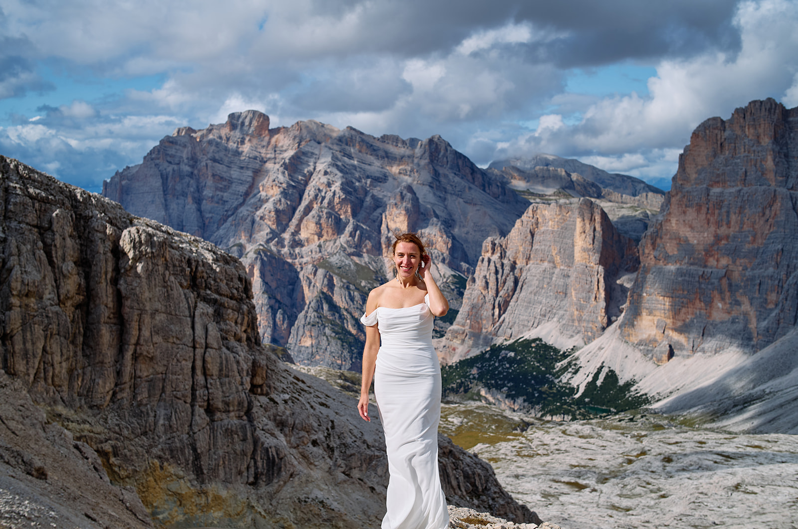 Bride on the Lagazuoi scree above Passo Falzarego