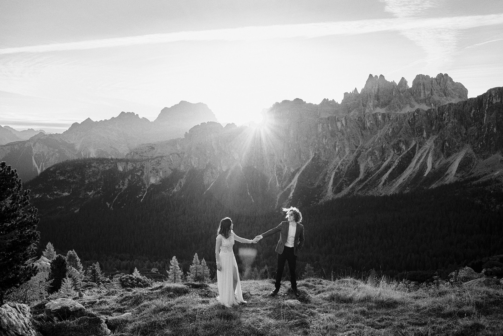 Black and white photograph of a couple at Passo Giau in the Dolomites