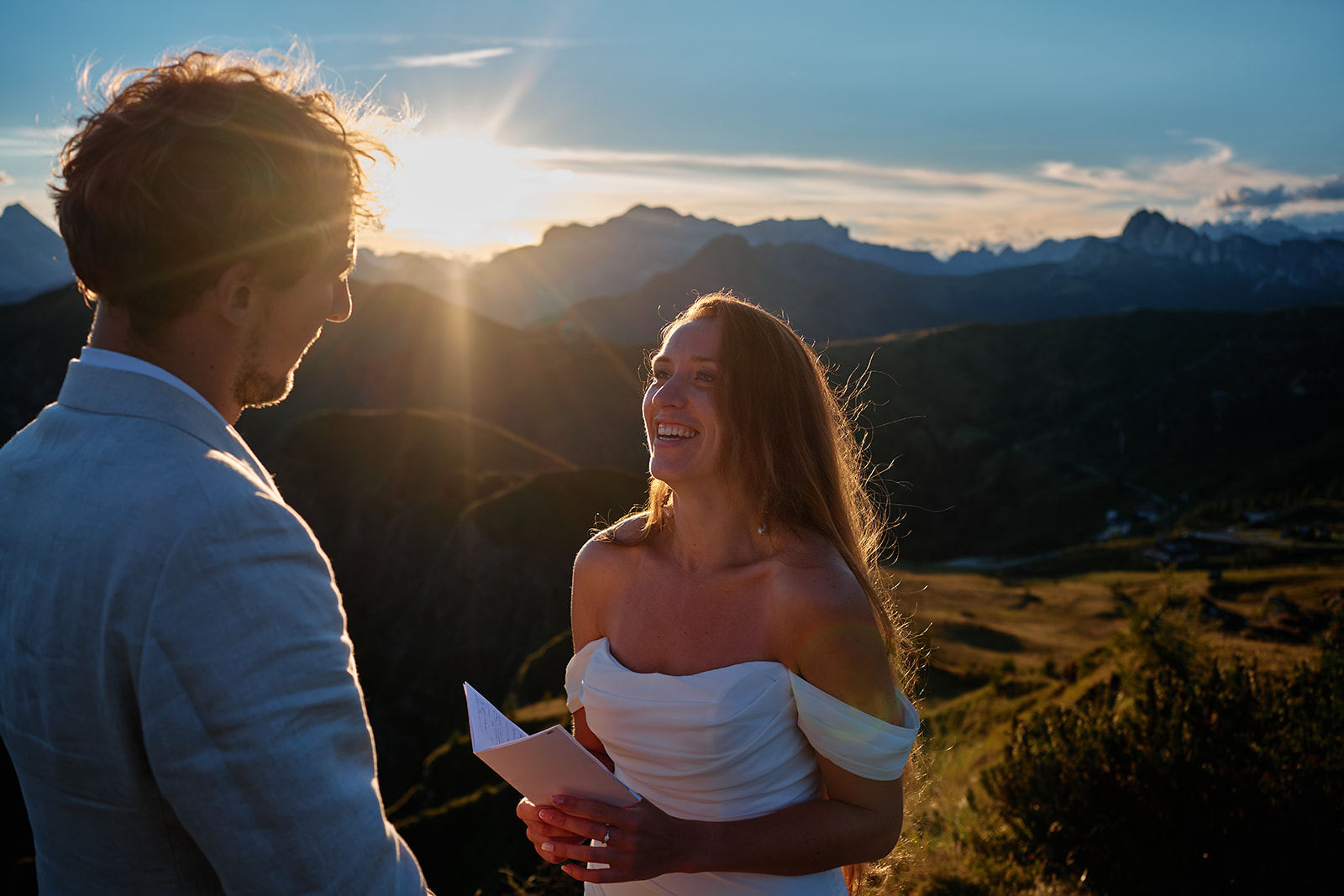Golden hour couple portraits at Passo Giau, Dolomites