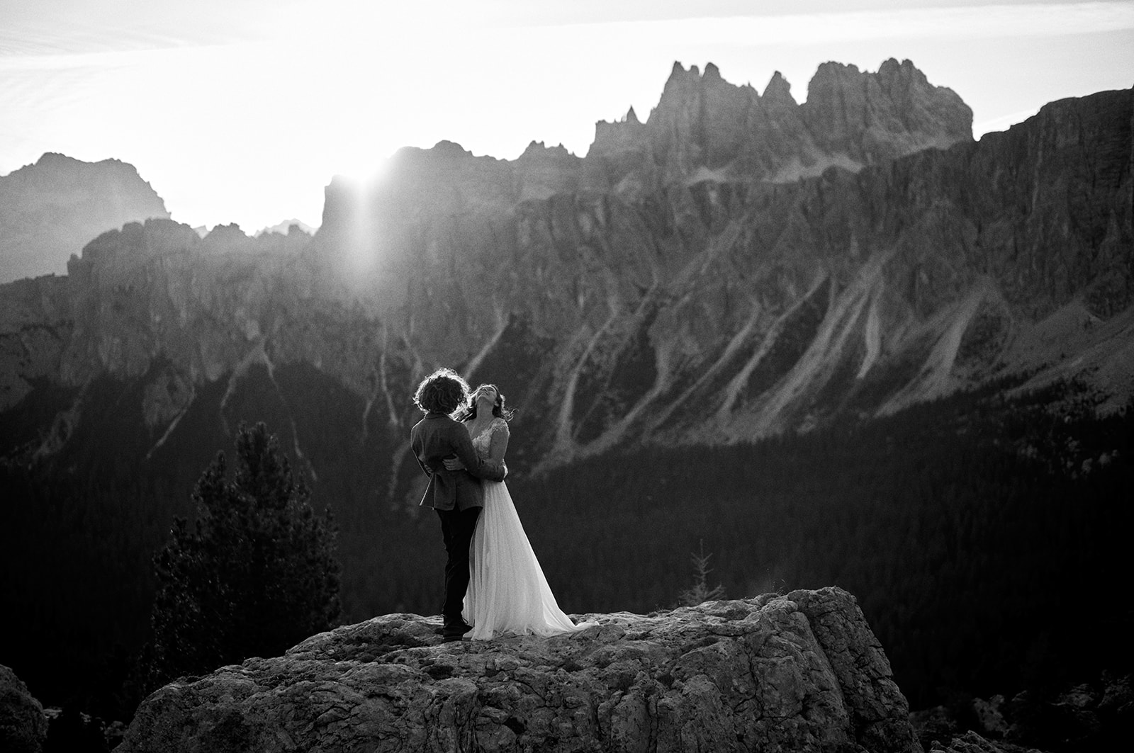 Black and white photograph of a couple at Passo Giau in the Dolomites