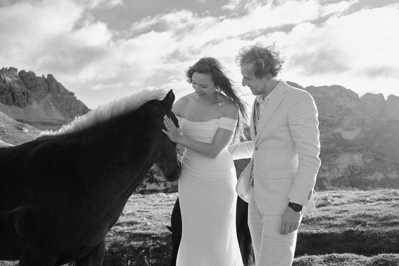 Bride with wild horses below Tre Cime, Dolomites