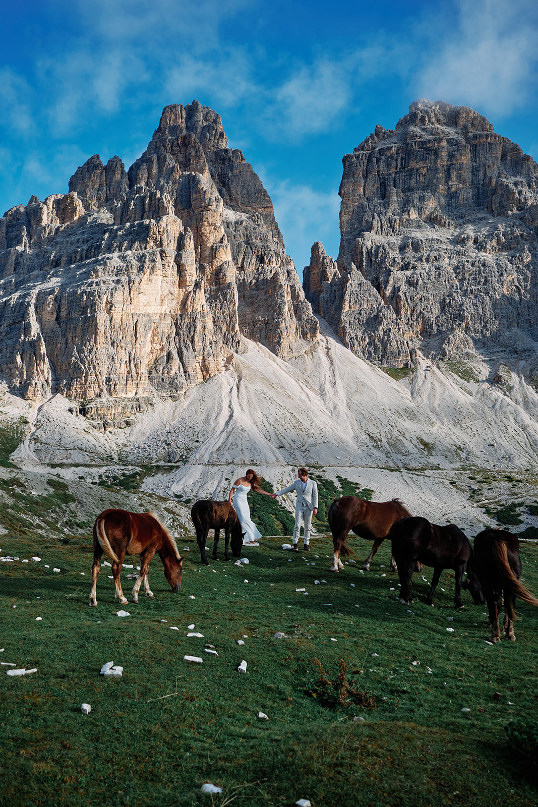Bride with wild horses below Tre Cime, Dolomites