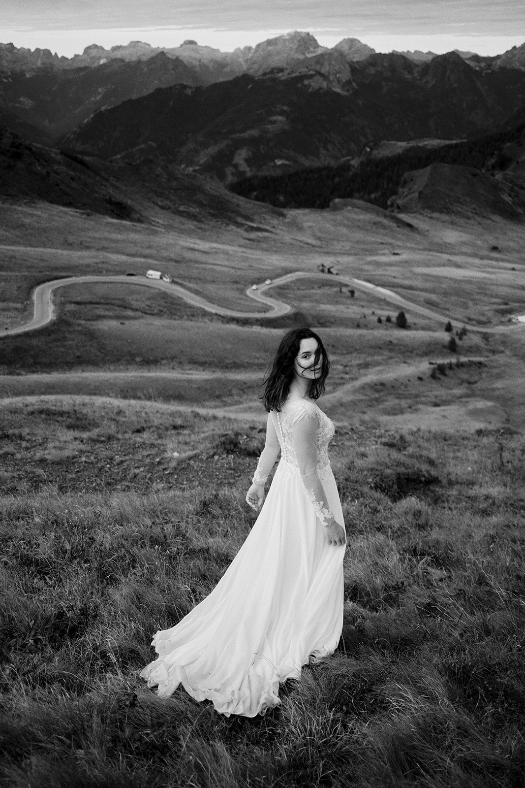 Black and white photograph of a couple at Passo Giau in the Dolomites