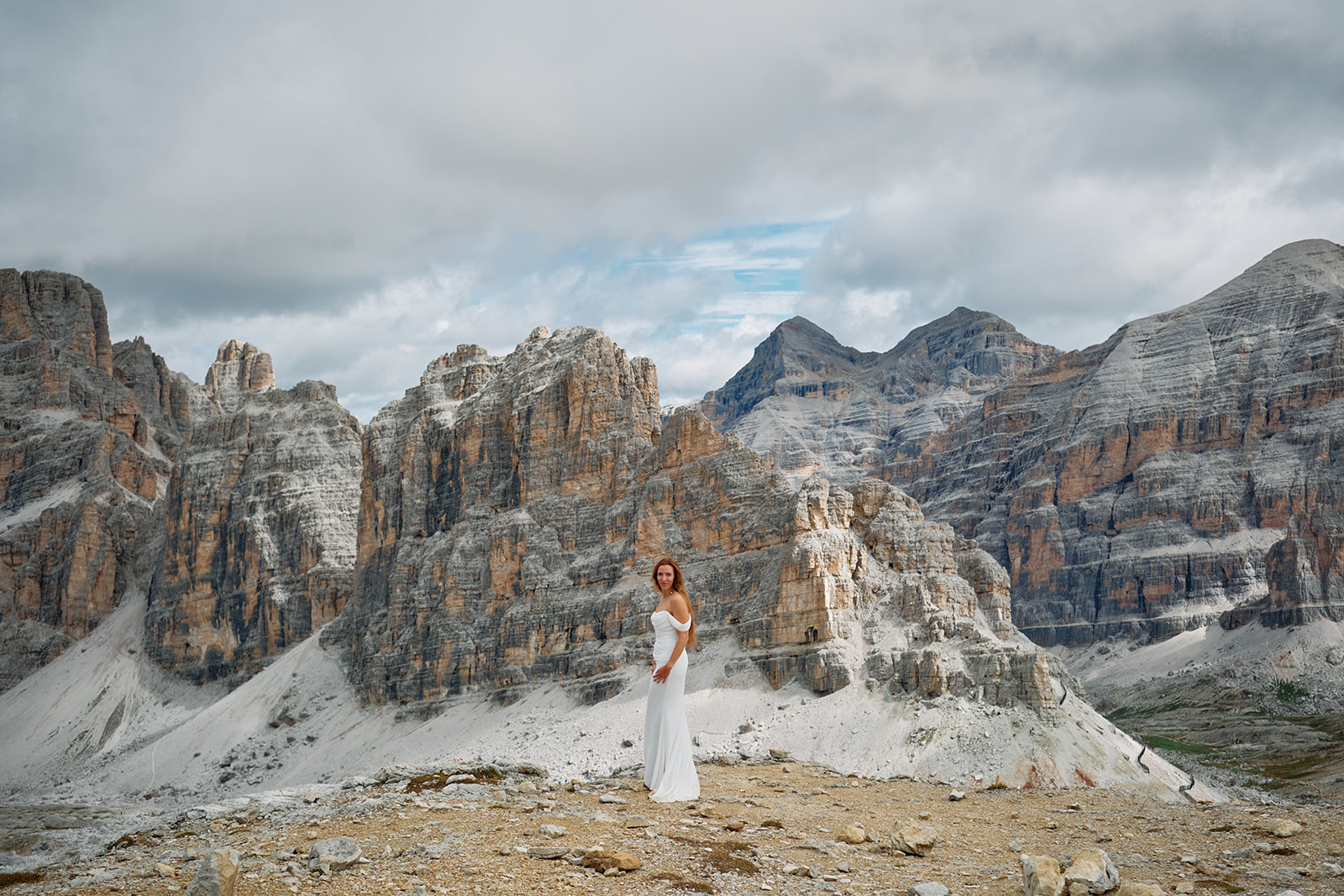 Bride on the Lagazuoi scree above Passo Falzarego