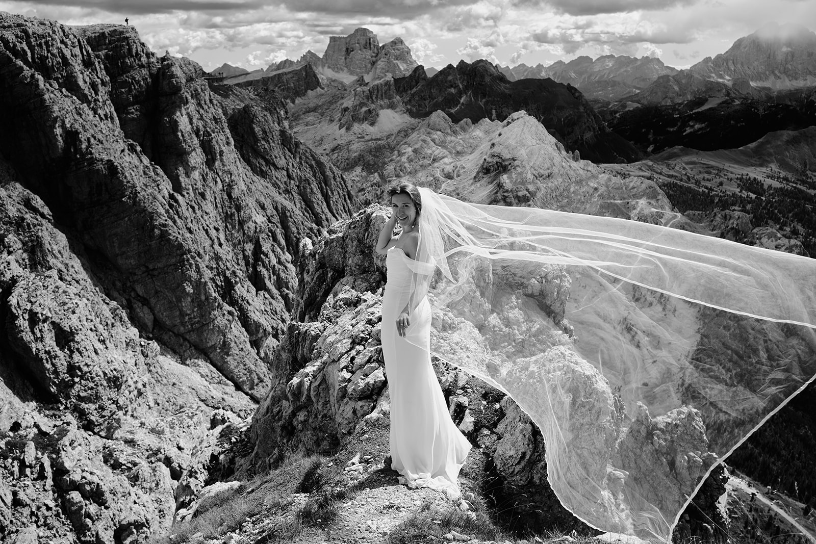 Bride on the Lagazuoi scree above Passo Falzarego