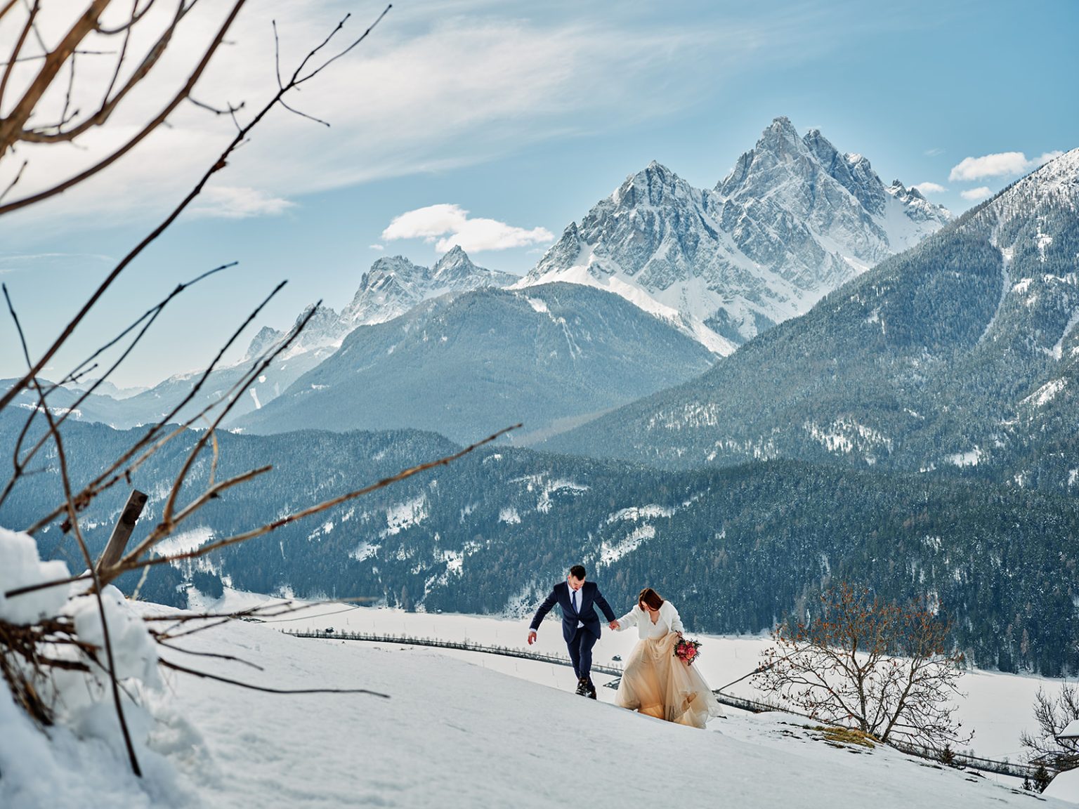 The jagged snowy peaks above Passo Giau, the Dolomites in winter