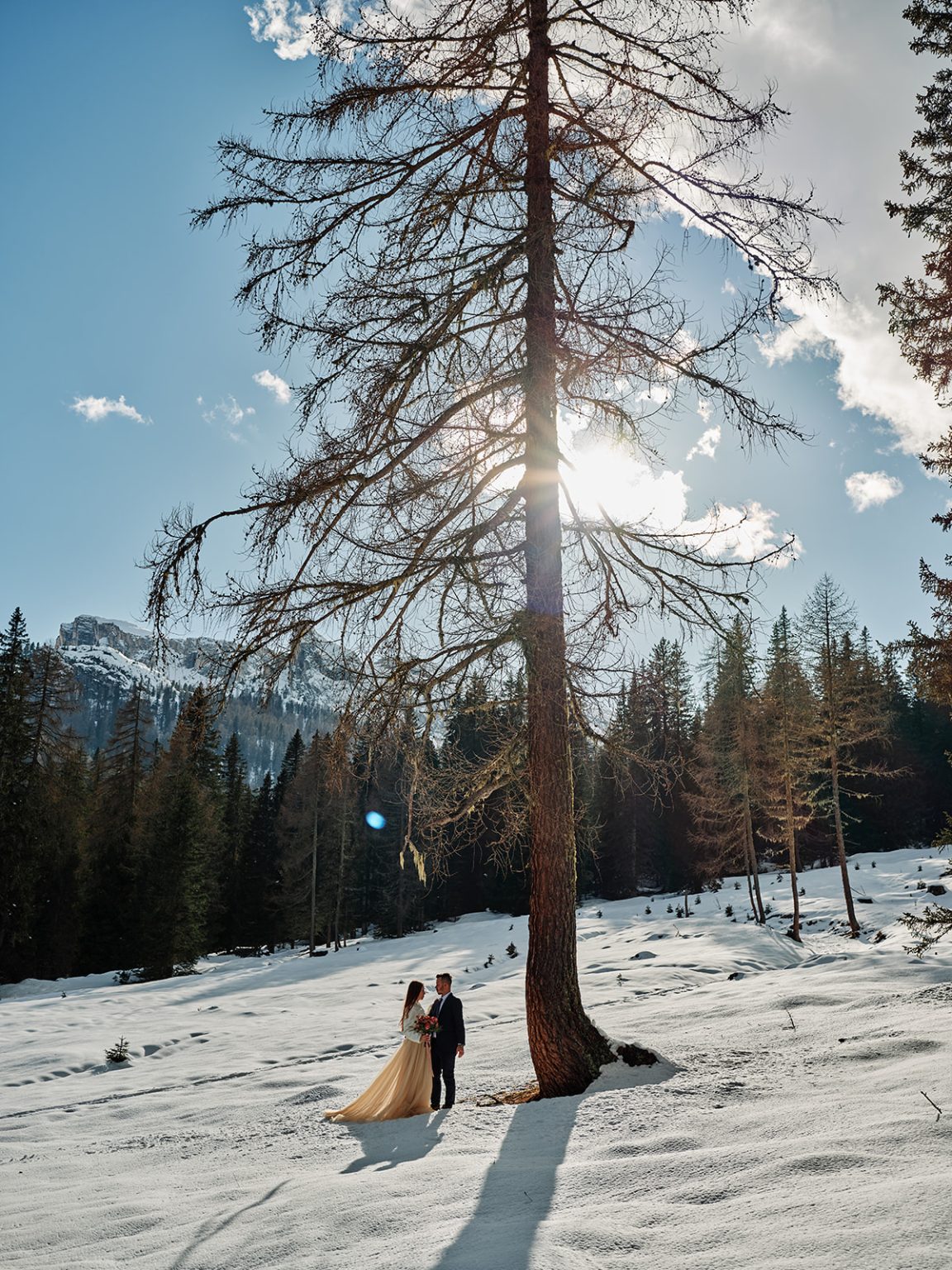A lone larch and the couple in the snow at Passo Giau, the Dolomites