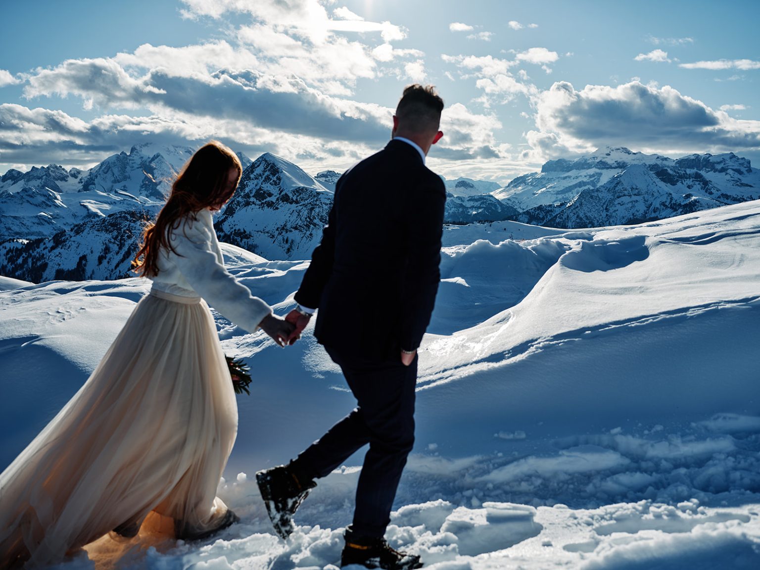 Kristina and Cristian close together in the snow, Passo Giau, Dolomites