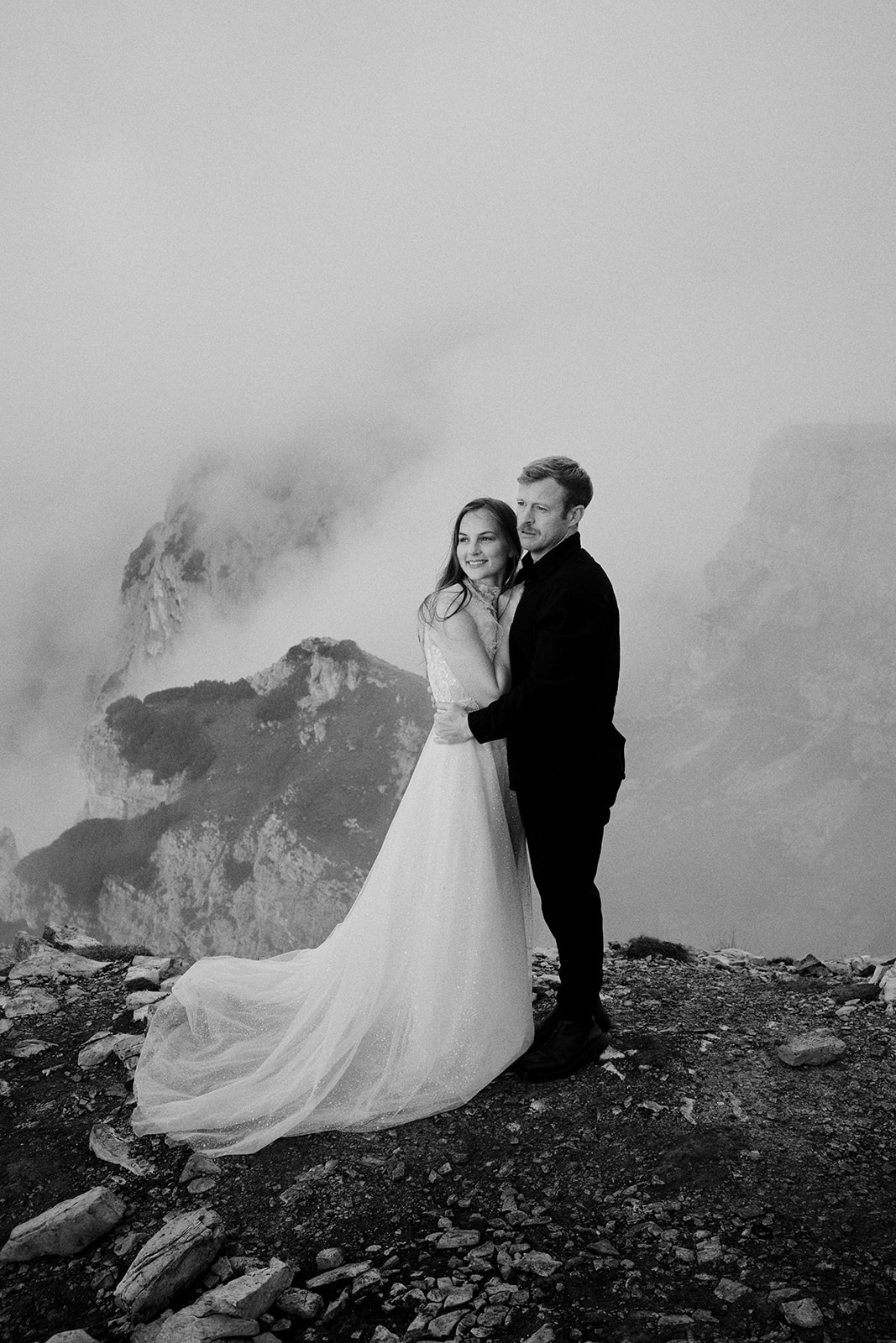 Kim and Denim in the Dolomites, in black and white