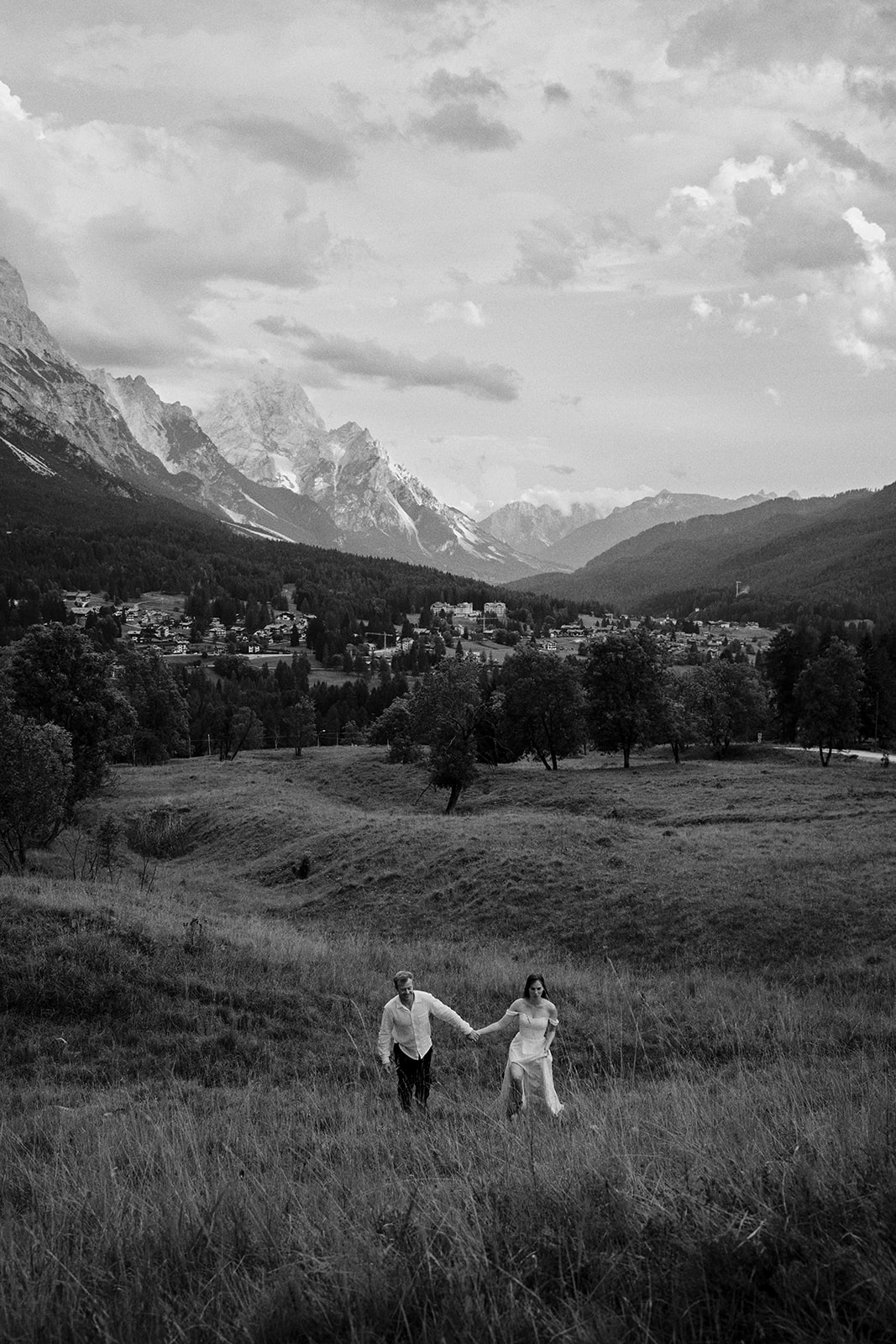 Horses beside the mountain road in the Dolomites