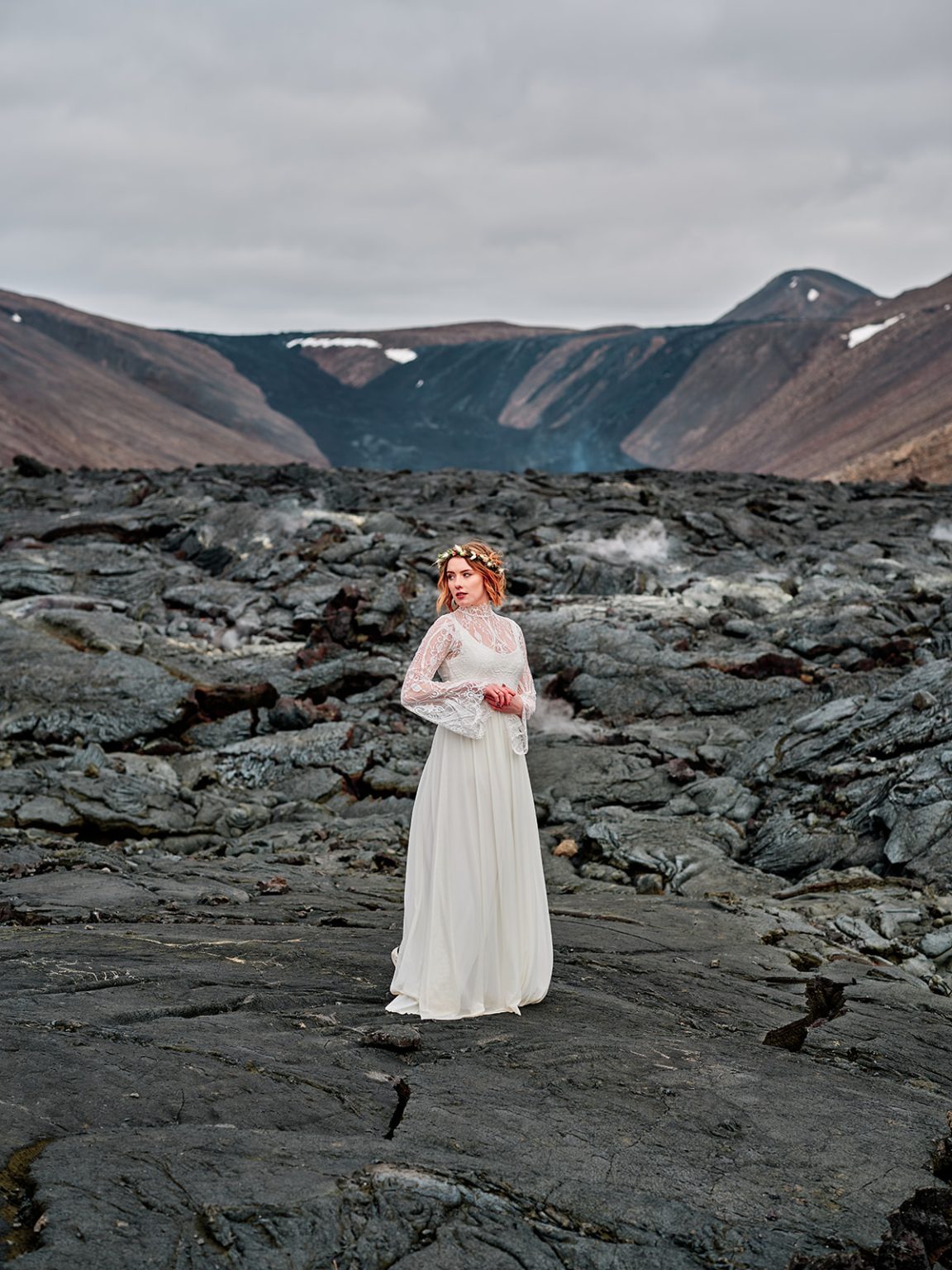 A bride in the geothermal fields of Reykjanes, Iceland