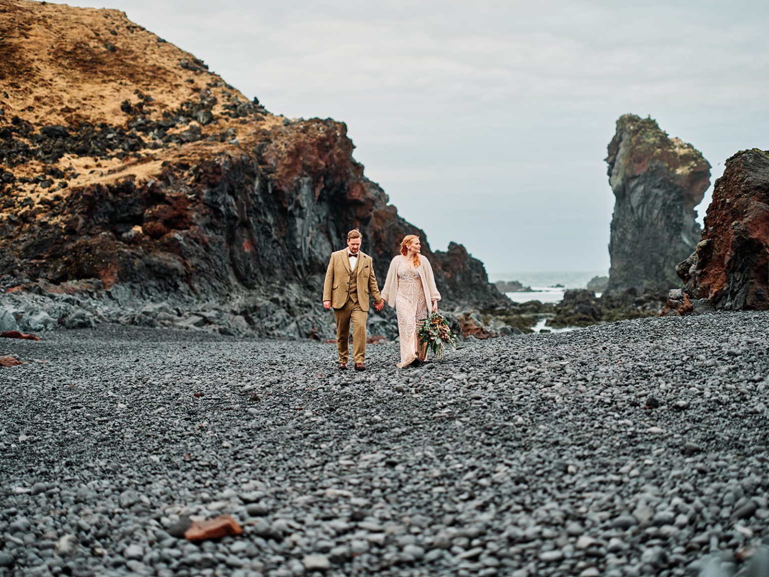 Halldóra and Örn walking the black beach, Snæfellsnes
