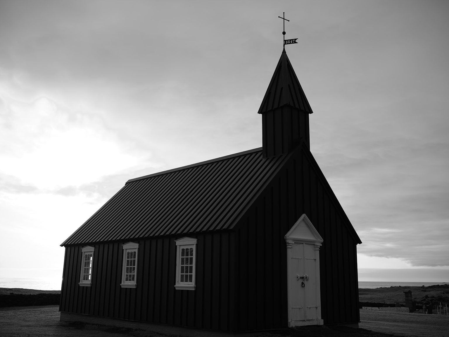 Búðakirkja, the black church at Búðir, in black and white