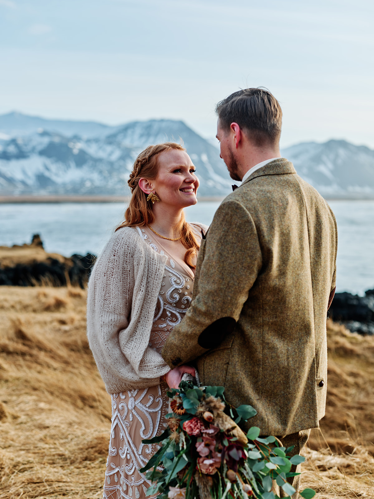 Halldóra and Örn close together with the bouquet, Búðir, Iceland