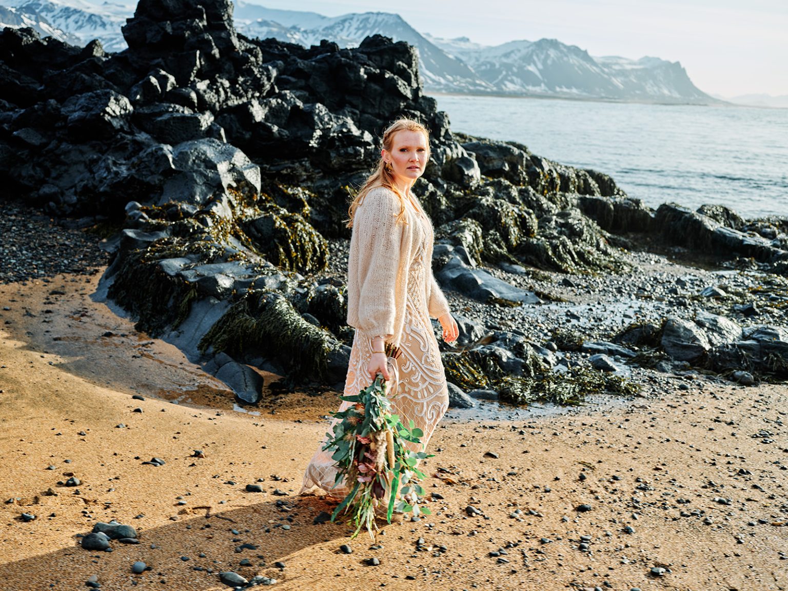 The bride on the golden beach below the mountains, Snæfellsnes
