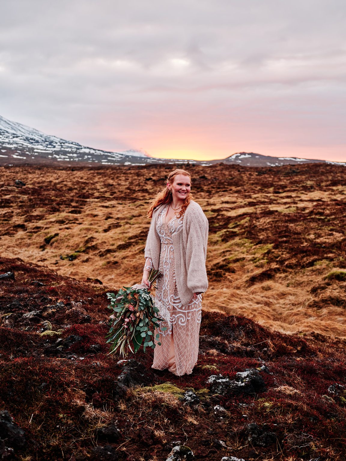 Portrait of the bride at dawn under Snæfellsjökull, Búðir elopement