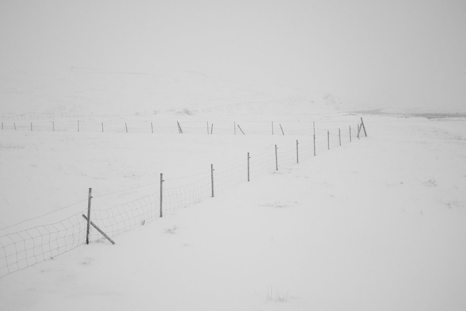 Fence posts in snow fog in the Hvalfjörður winter landscape