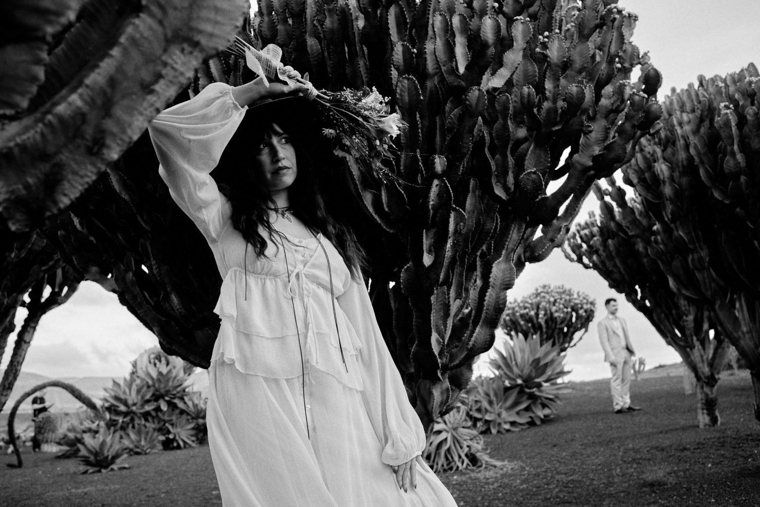 Bride and groom with a veil in the cactus garden, Lanzarote