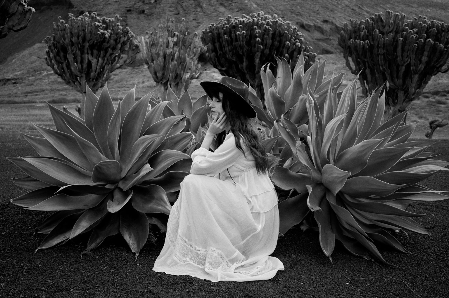 Bride among the agaves, black and white, Lanzarote engagement photographer