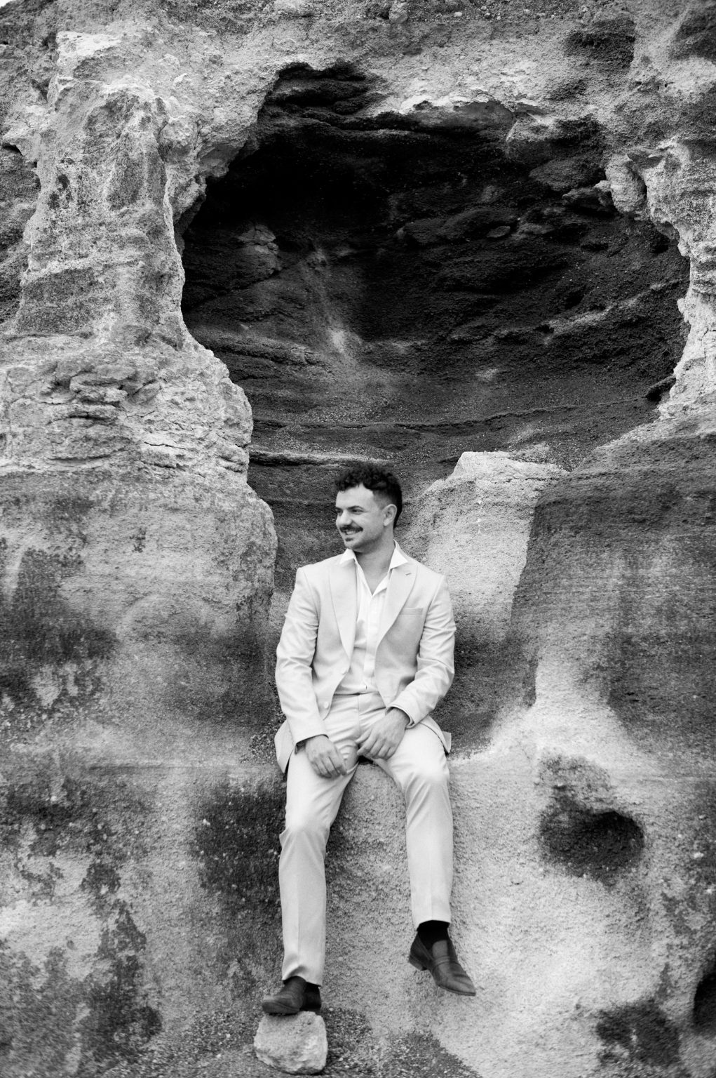 Riccardo in a cave mouth, black and white, Lanzarote