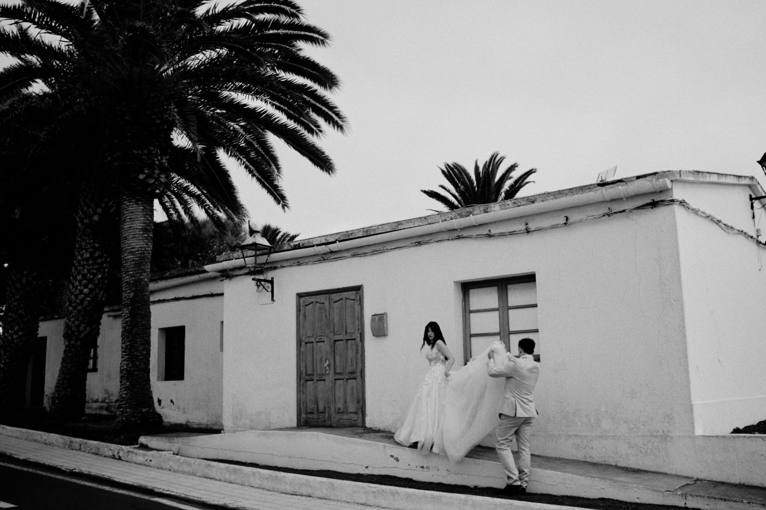 Whitewashed Lanzarote house with a palm, black and white