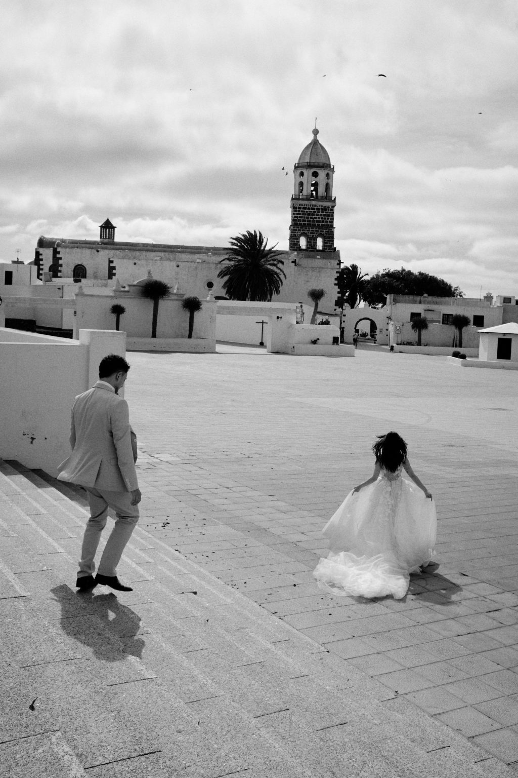 Couple in the white village, black and white, Lanzarote