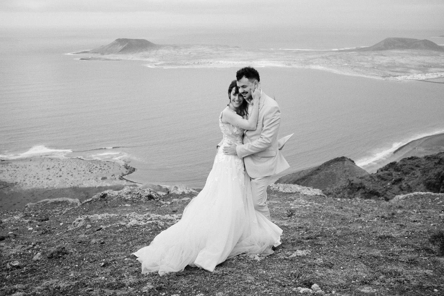 Francesca on the cliffs, black and white, Lanzarote