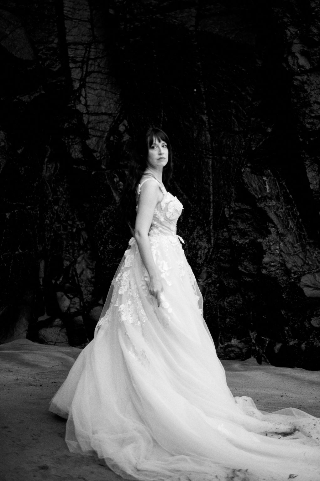 Bride's dress in the wind on the Lanzarote coast