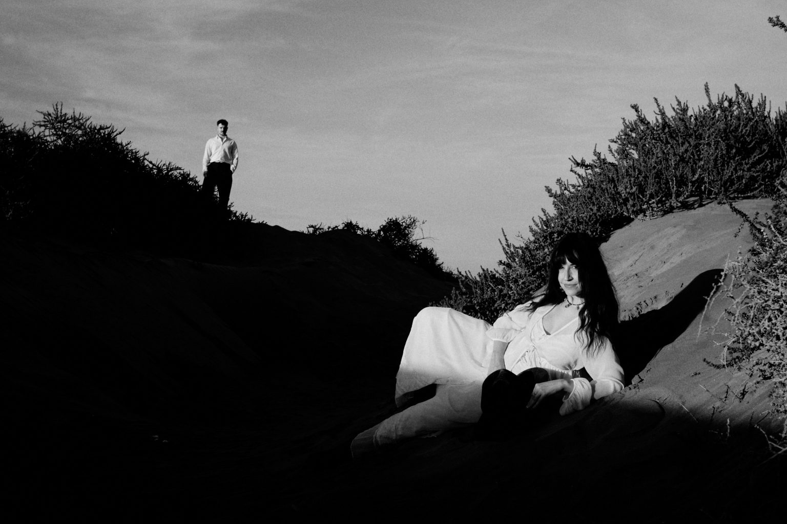 Francesca on the dune ridge at sunset, Lanzarote engagement photographer