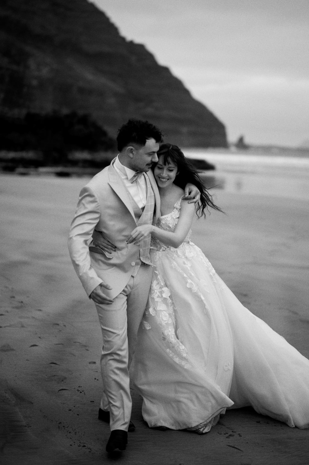 Francesca and Riccardo on the coast, black and white, Lanzarote engagement photographer